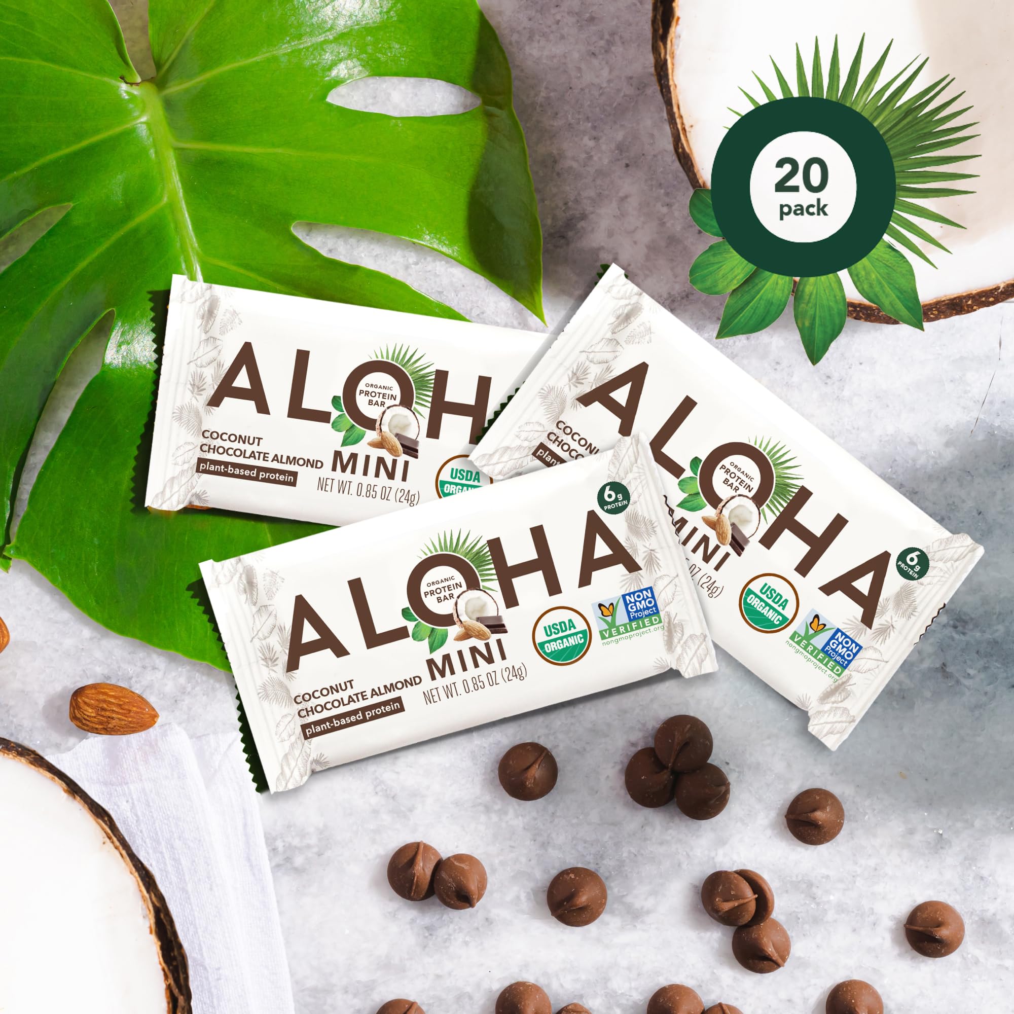Visible almonds and coconut in ALOHA Minis Coconut Chocolate Almond bar