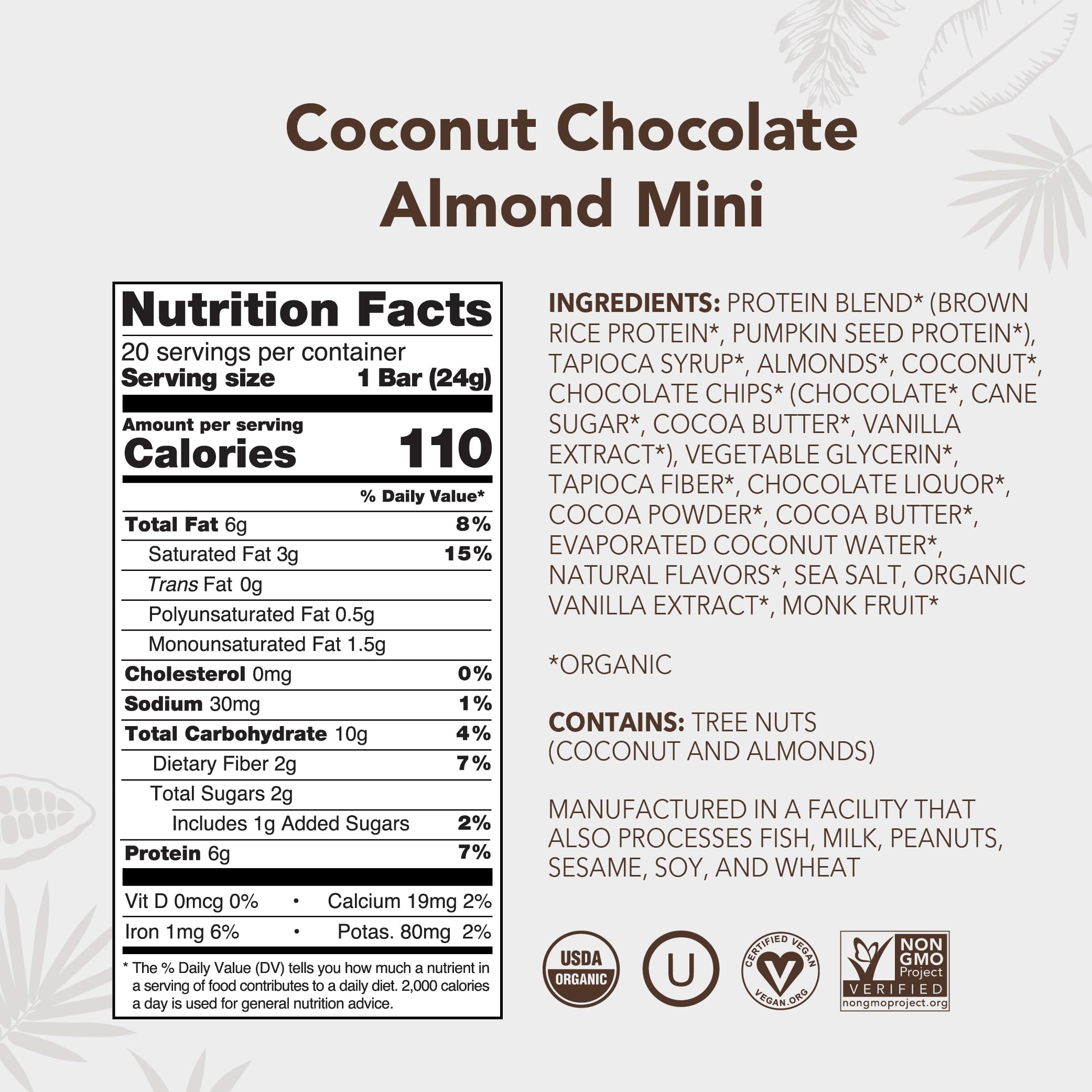 Packaging for ALOHA Minis Coconut Chocolate Almond bar highlighting organic ingredients