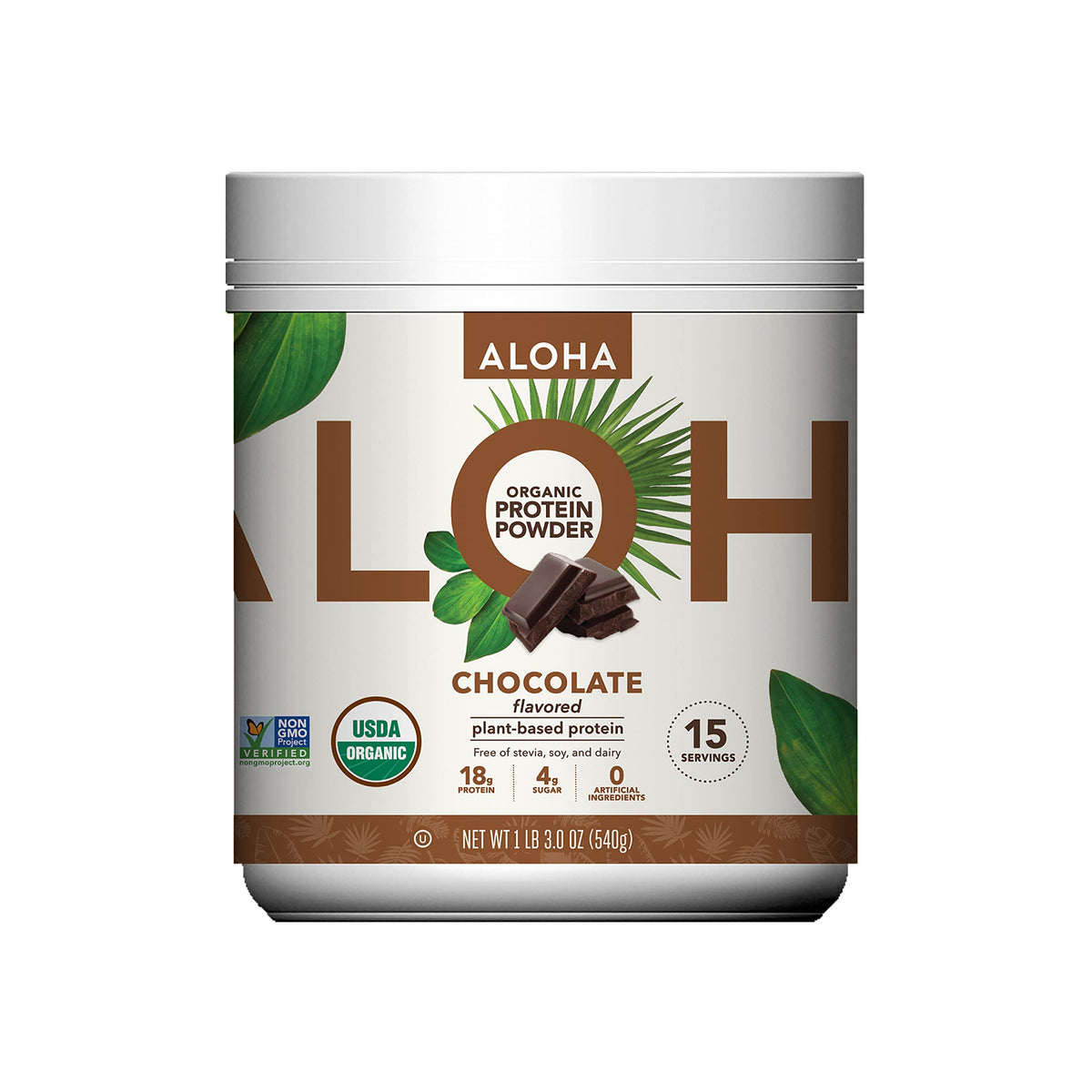 ALOHA organic chocolate protein powder in a 19.6 oz tin, great for vegan shakes.