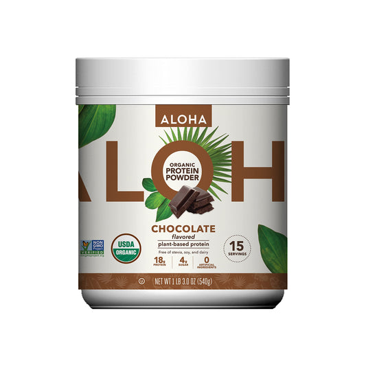 ALOHA organic chocolate protein powder in a 19.6 oz tin, great for vegan shakes.