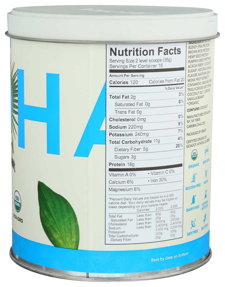 ALOHA Organic Protein Powder packaging highlighting USDA Organic and gluten-free