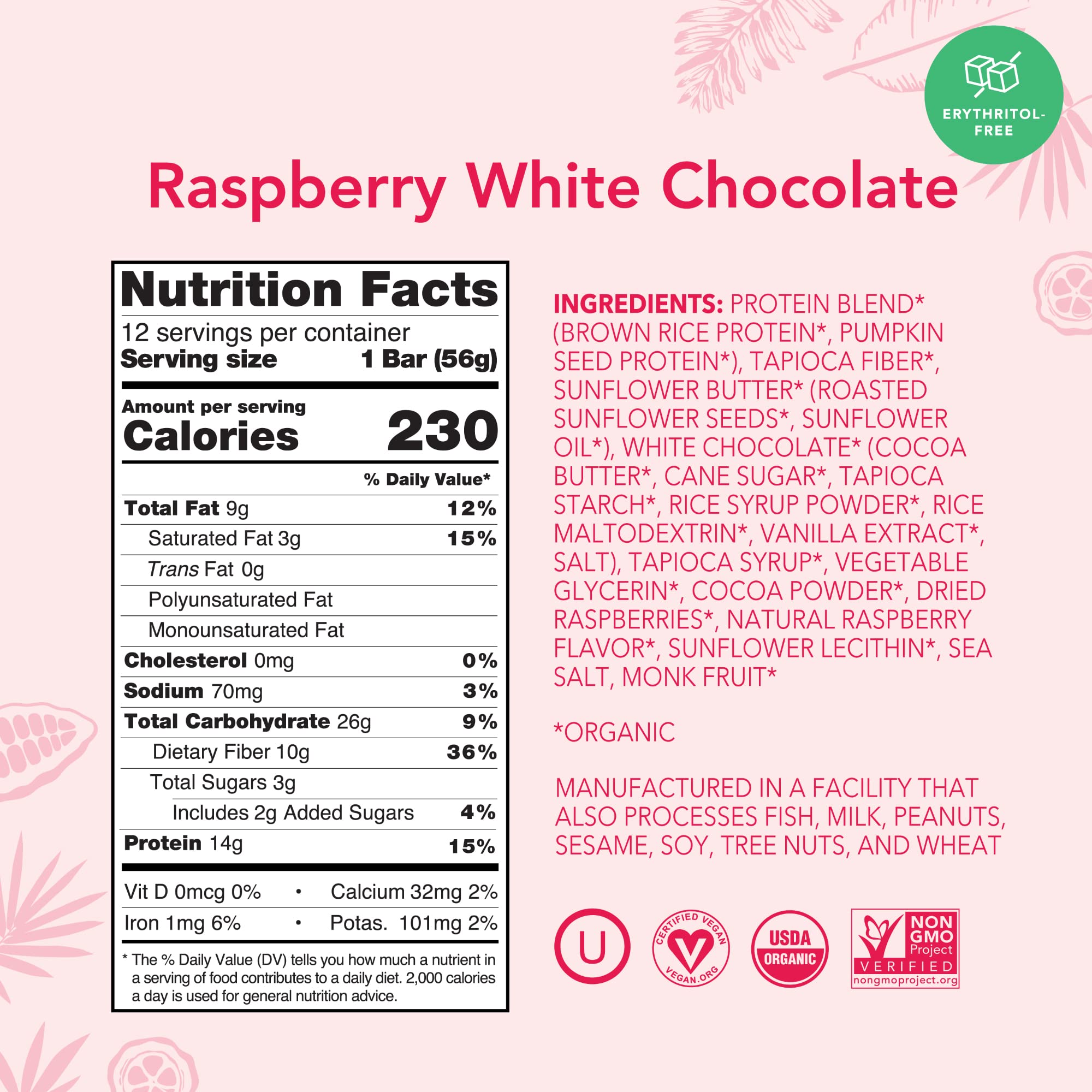 Close-up of ALOHA Raspberry White Chocolate bar showing organic ingredients and fiber-rich texture