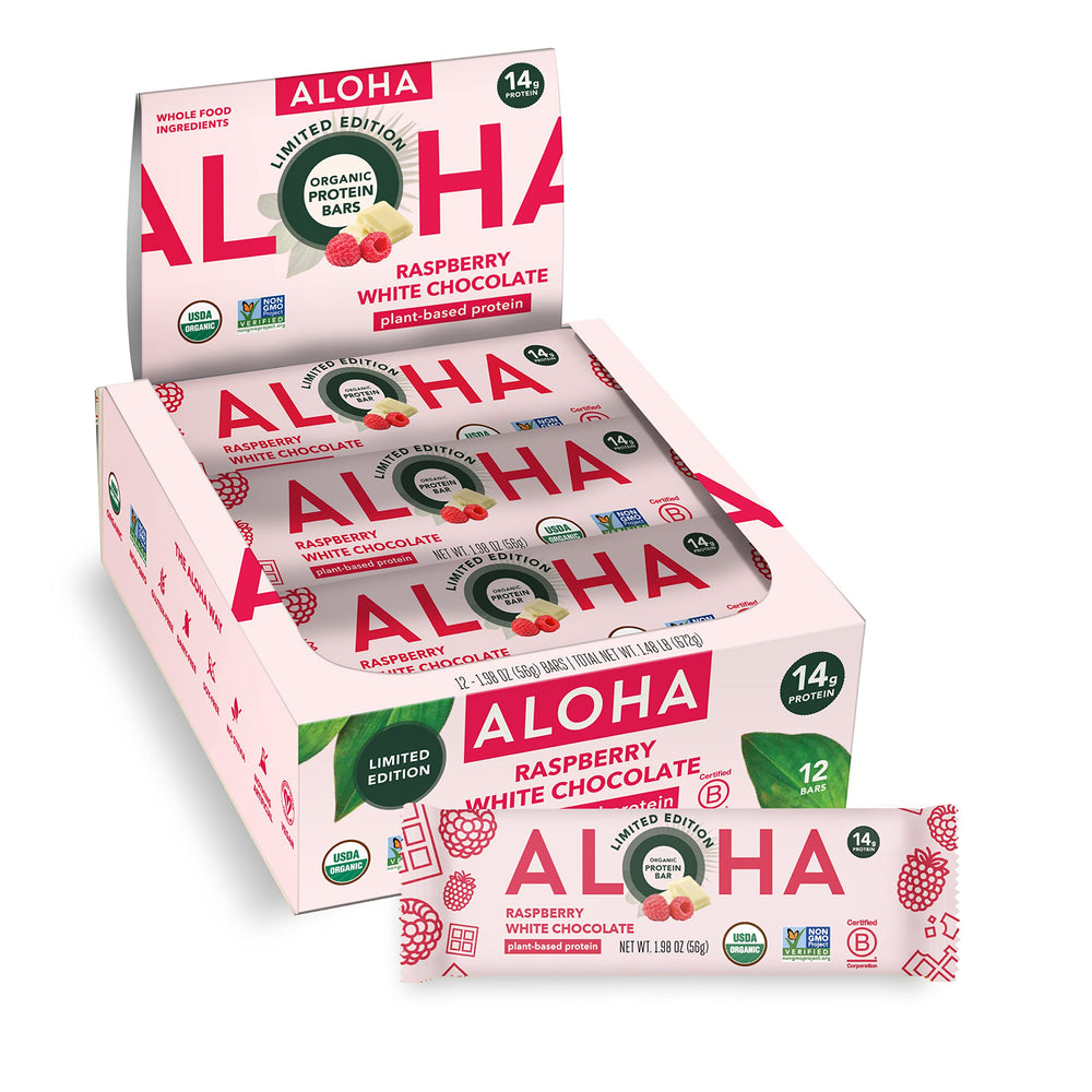 ALOHA Raspberry White Chocolate bar pack on-the-go for protein-powered snacking