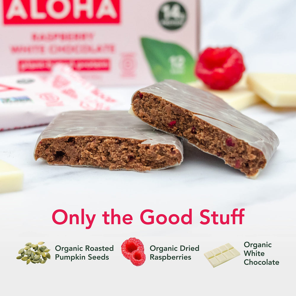Sliced ALOHA Raspberry White Chocolate bar exposing creamy center and fruity notes