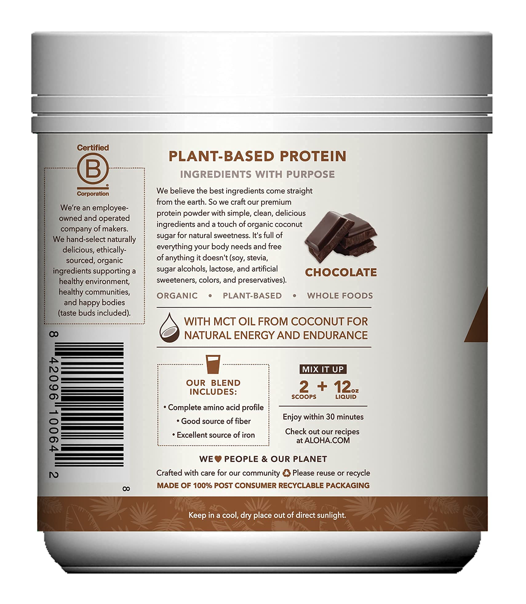 A refreshing smoothie with ALOHA chocolate protein powder.