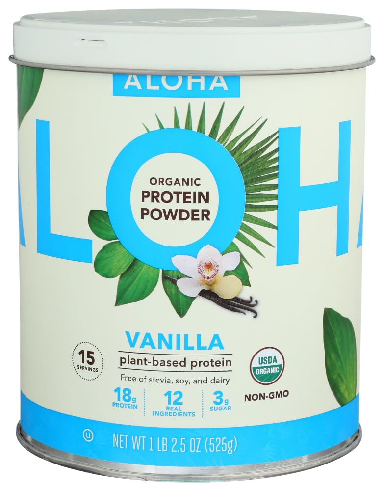 ALOHA Vanilla Organic Plant-Based Protein Powder bottle showing 18g protein per serving