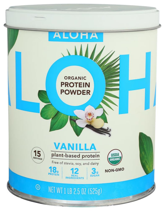 ALOHA Vanilla Organic Plant-Based Protein Powder bottle showing 18g protein per serving