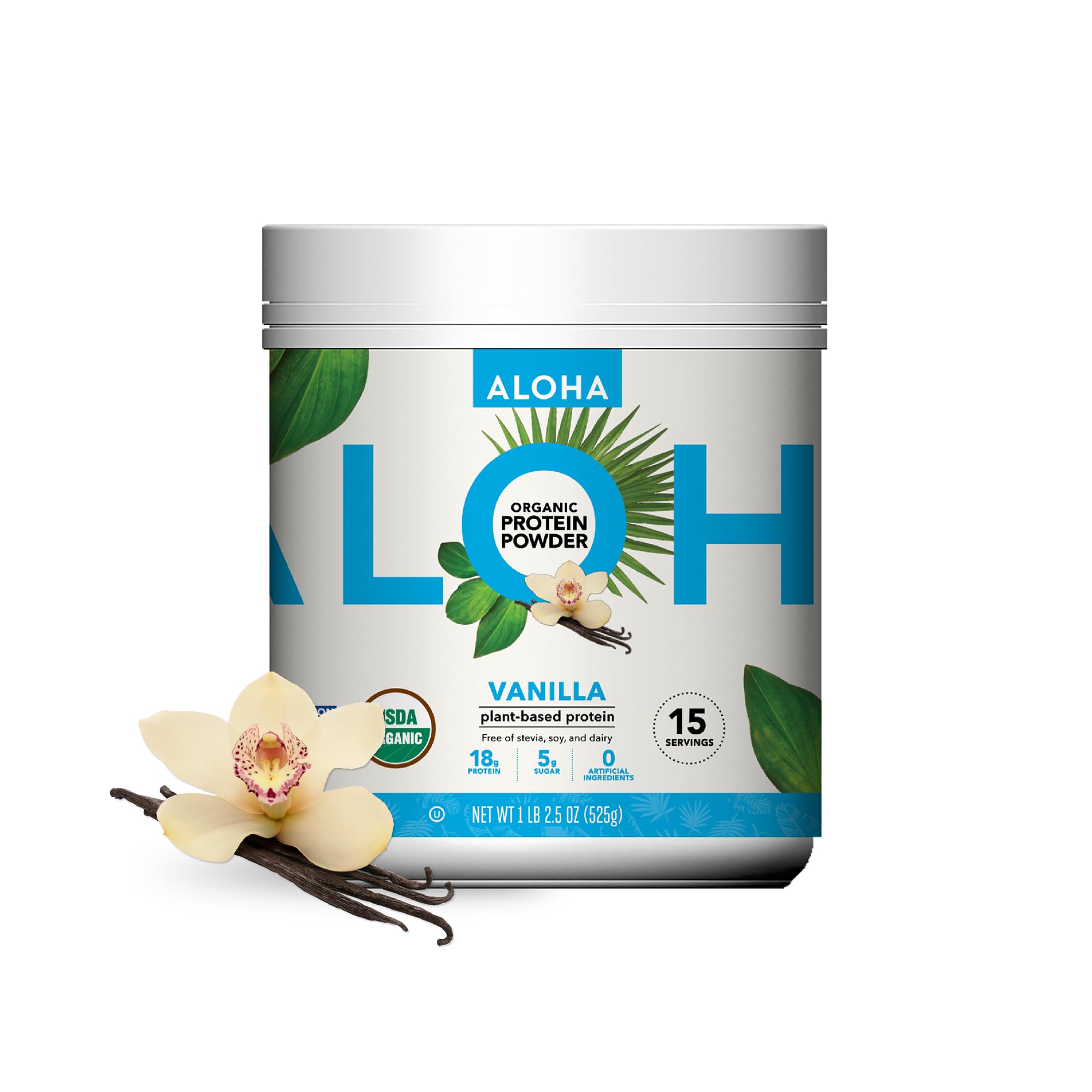 ALOHA Vanilla organic protein canister front view for a creamy shake.