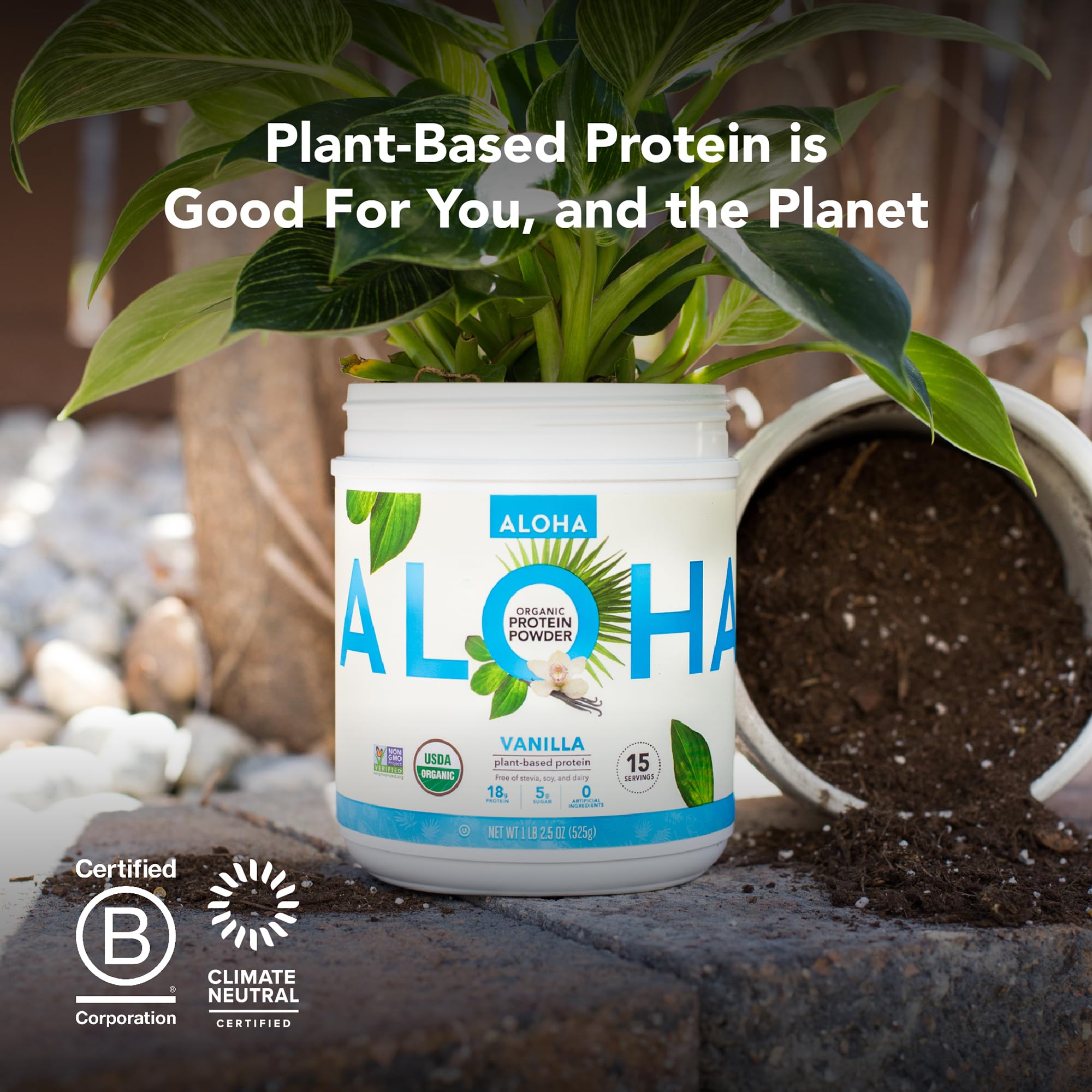 ALOHA Vanilla protein ingredients chart showing complete amino acid profile.