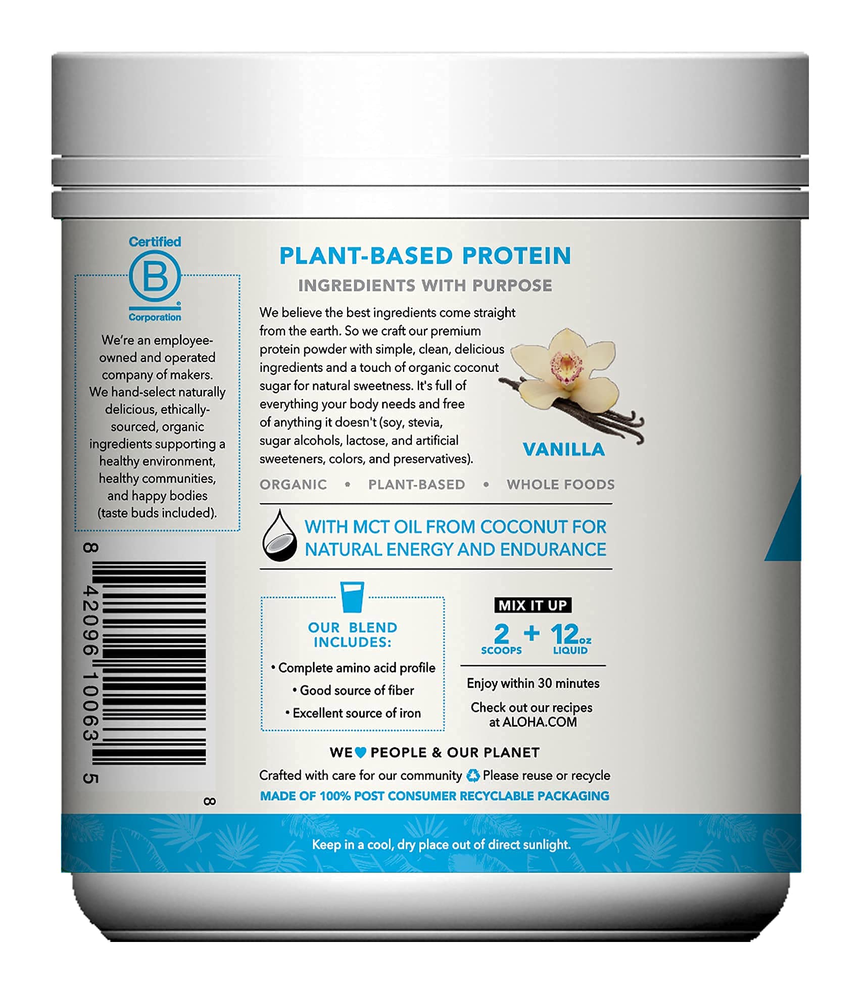 ALOHA Vanilla protein with coconut MCT oil detail for natural energy.
