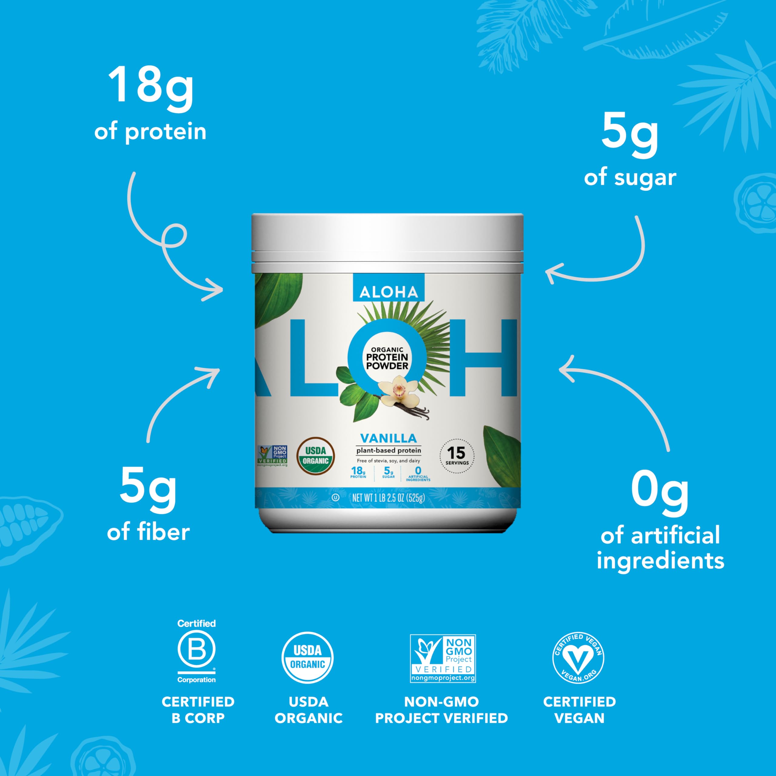 ALOHA Vanilla protein canister with recyclable packaging on display.