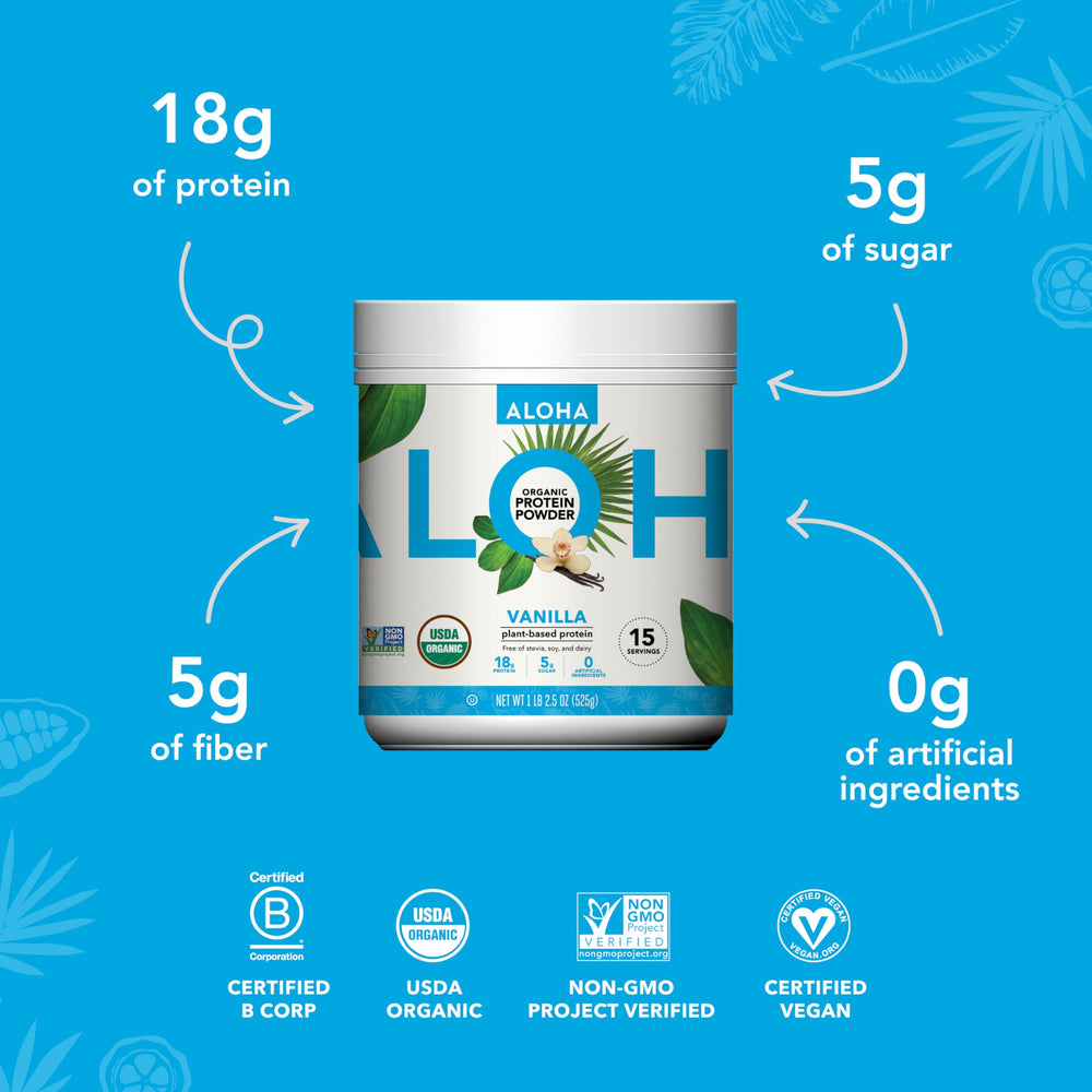 ALOHA Vanilla protein canister with recyclable packaging on display.