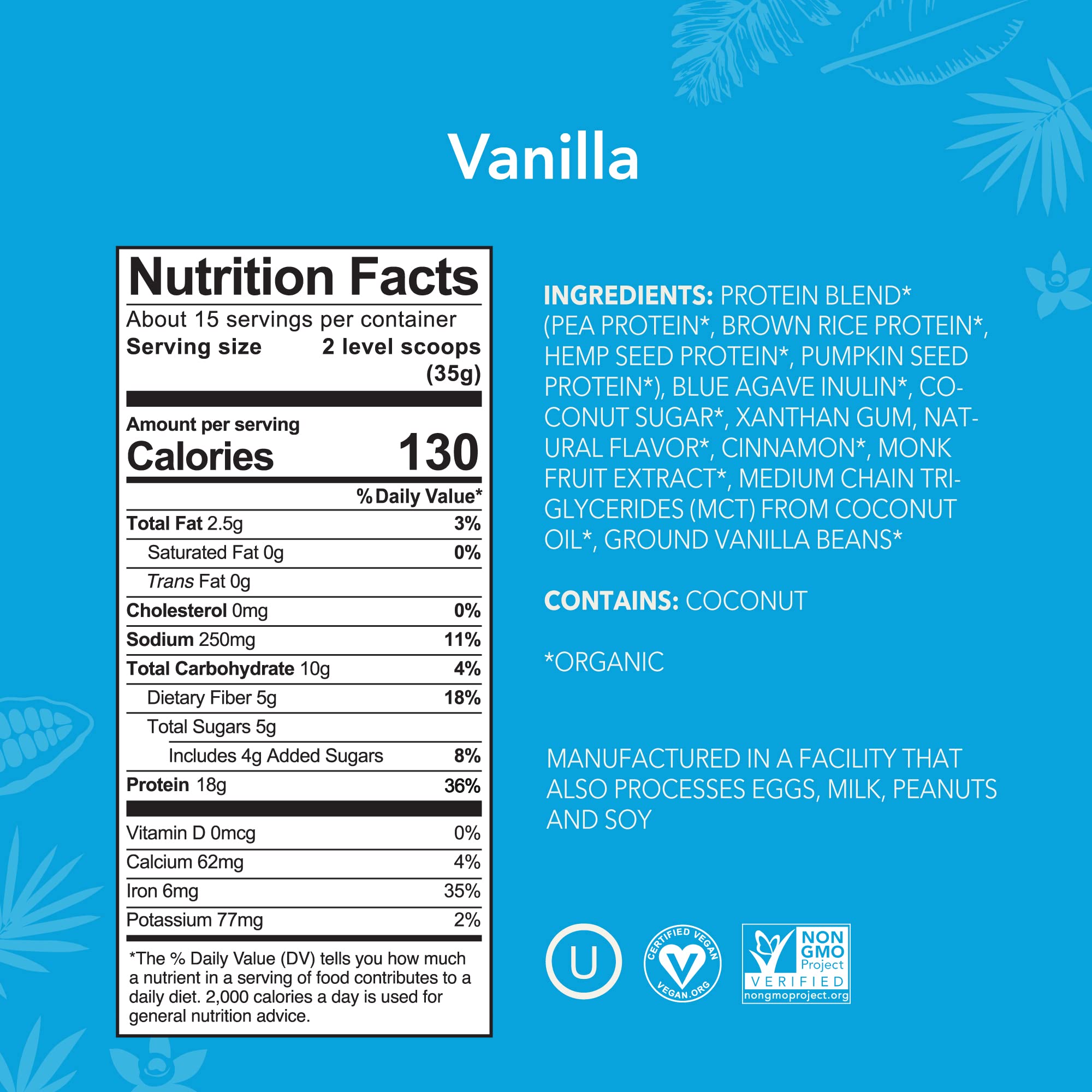 ALOHA Vanilla protein powder scoop with powder pouring into bowl.