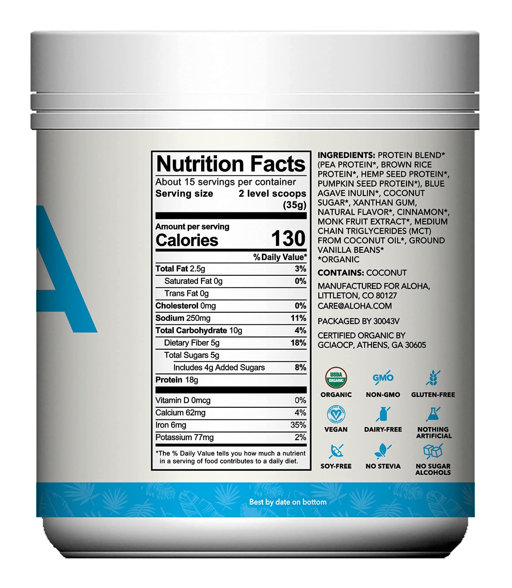 ALOHA Vanilla protein shake in a glass, smooth and creamy texture.