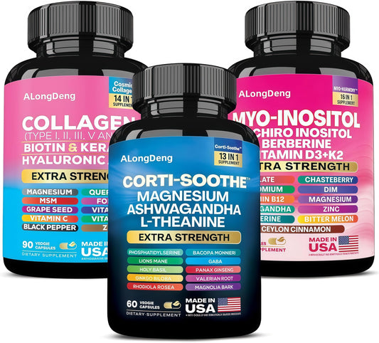 ALongDeng She Shines Set capsules close-up for daily balance and calm support.