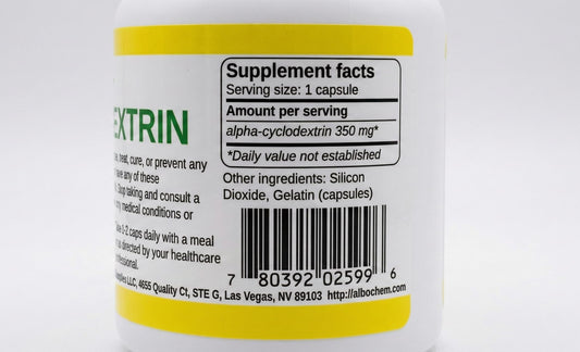 Alpha Cyclodextrin Capsules label closeup—clear information for confident use.