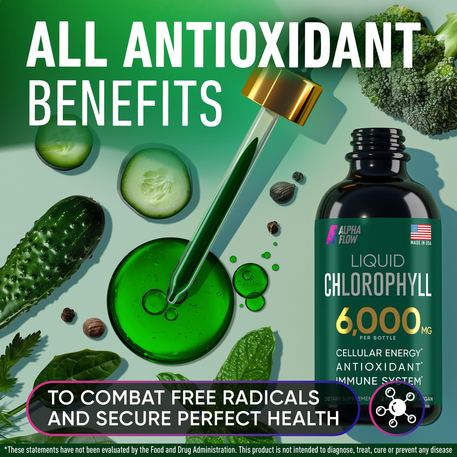 Alpha Flow Chlorophyll Drops ingredients label highlights vegan, non-GMO formula
