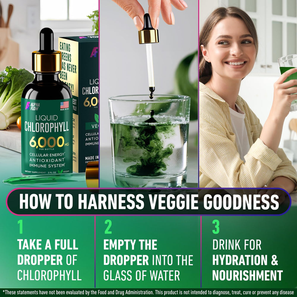 Vibrant green Alpha Flow Chlorophyll Drops suggesting natural skin-friendly glow
