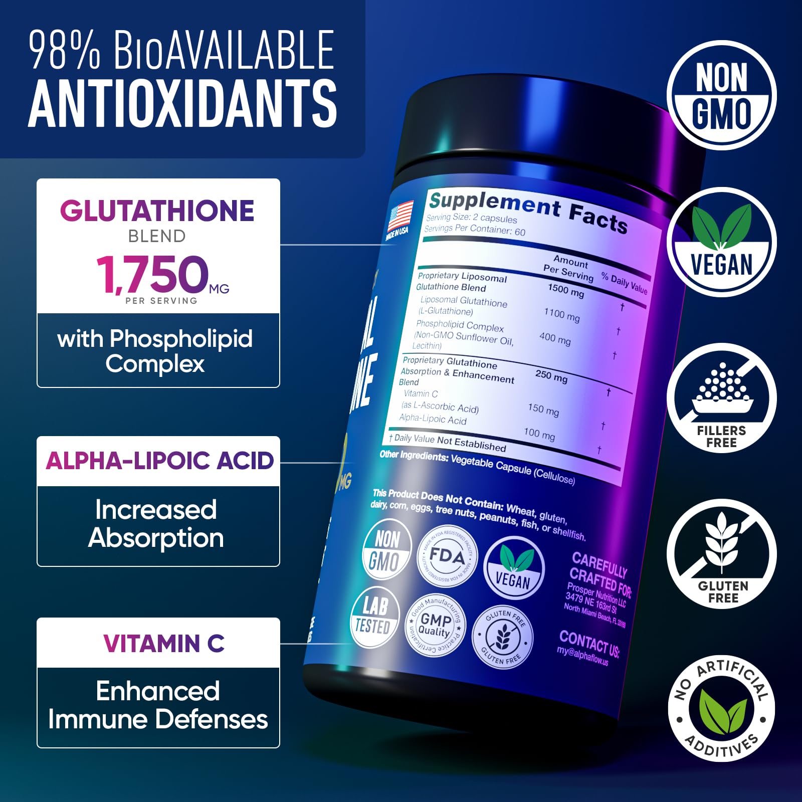 Alpha Flow Liposomal Glutathione 1100mg bottle back label detailing ingredients and dosage