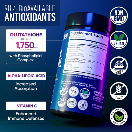 Alpha Flow Liposomal Glutathione 1100mg bottle back label detailing ingredients and dosage