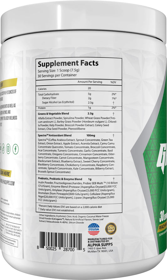 Close-up of Alpha Greens scoop highlighting 40+ plant-based ingredients.