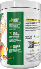 A glass of Alpha Greens Peach Mango smoothie for a morning energy boost.