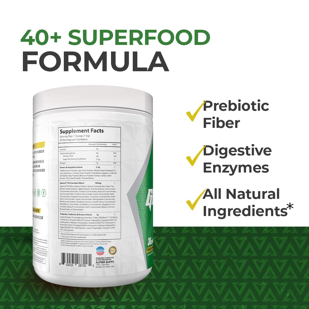 Alpha Greens tub with vibrant label ready for daily use.