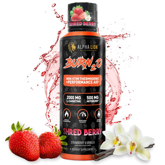 ALPHA LION Burn2O liquid bottle pour for convenient fat-burning support.