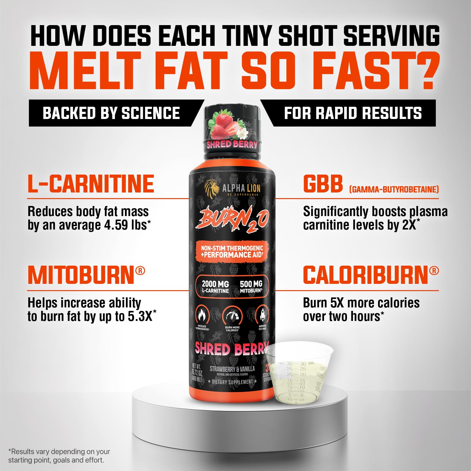 ALPHA LION Burn2O flavor-shredberry close-up highlights tasty, sugar-free energy support.