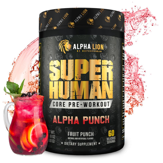 ALPHA LION Core bottle front showing energy-boosting pre-workout benefits