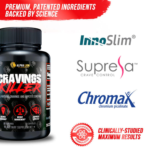 ALPHA LION Cravings Killer bottle label highlights saffron and garcinia ingredients.