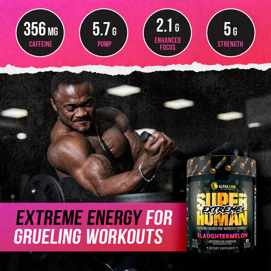 ALPHA LION Extreme preworkout label closeup showing transparent ingredients.