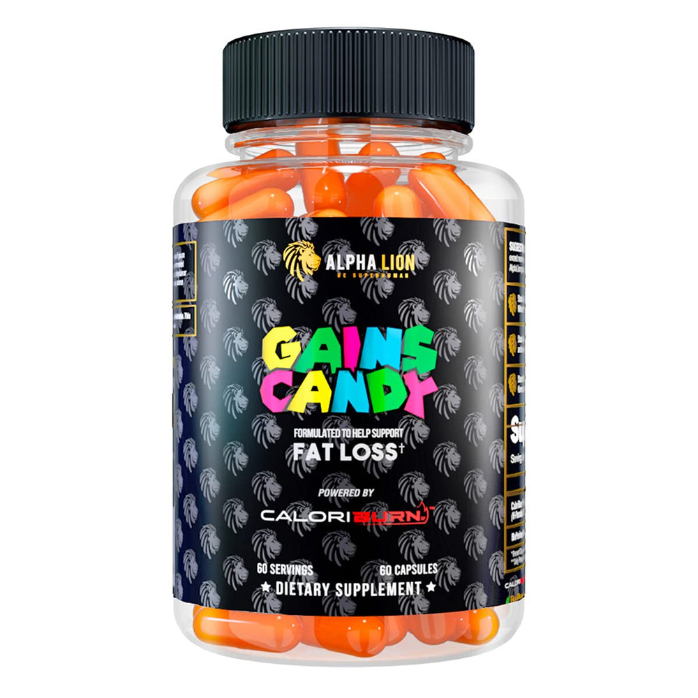 ALPHA LION Gains Candy bottle close-up highlighting natural energy support.