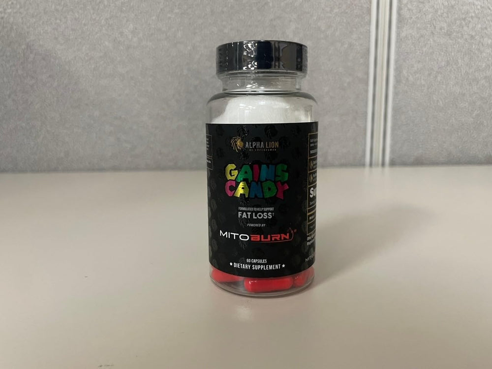 ALPHA LION Gains Candy bottle label emphasizes keto-friendly formula.