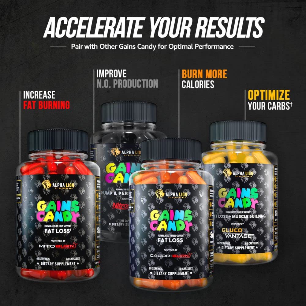 ALPHA LION Gains Candy capsule stack with glass of water for daily use.