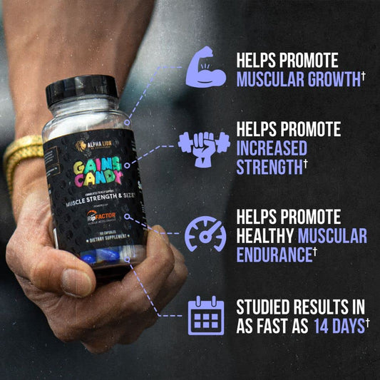 Close-up of Gains Candy capsules highlighting convenient daily use.