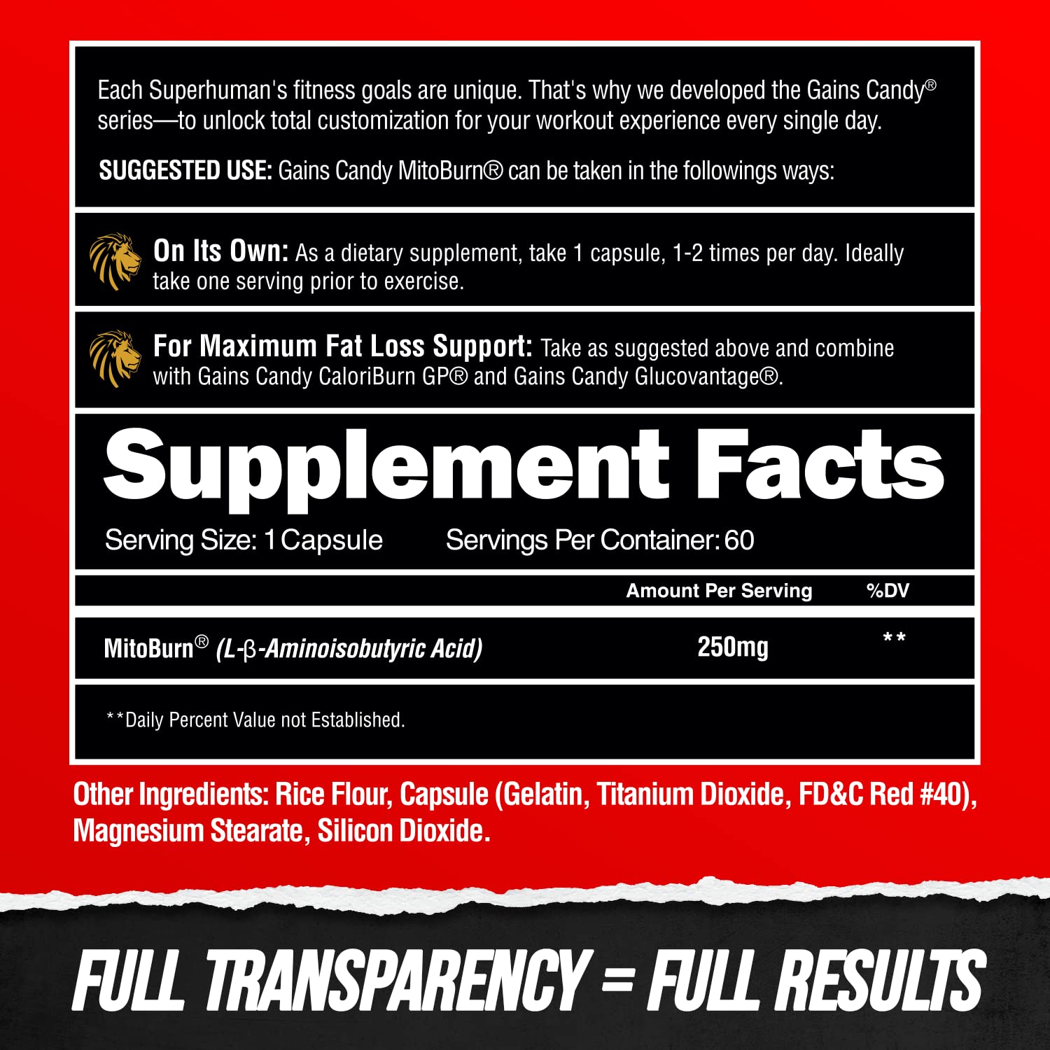 ALPHA LION Gains Candy beside diet plan suggests weight management support.