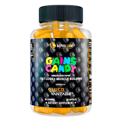 ALPHA LION Gains Candy GlucoVantage bottle showing packaging for energy support and fat management
