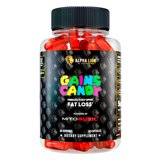 ALPHA LION Gains Candy MitoBurn bottle front supports keto-friendly fat loss.