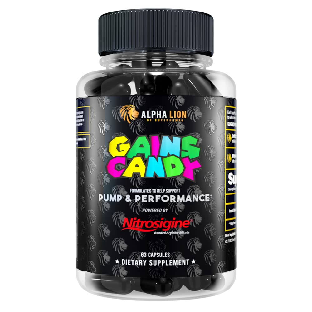 ALPHA LION Gains Candy Nitrosigine bottle highlighting pump support during workouts
