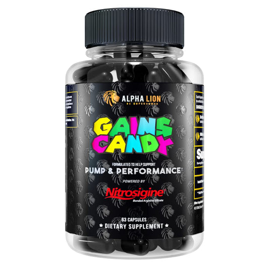 ALPHA LION Gains Candy Nitrosigine bottle highlighting pump support during workouts