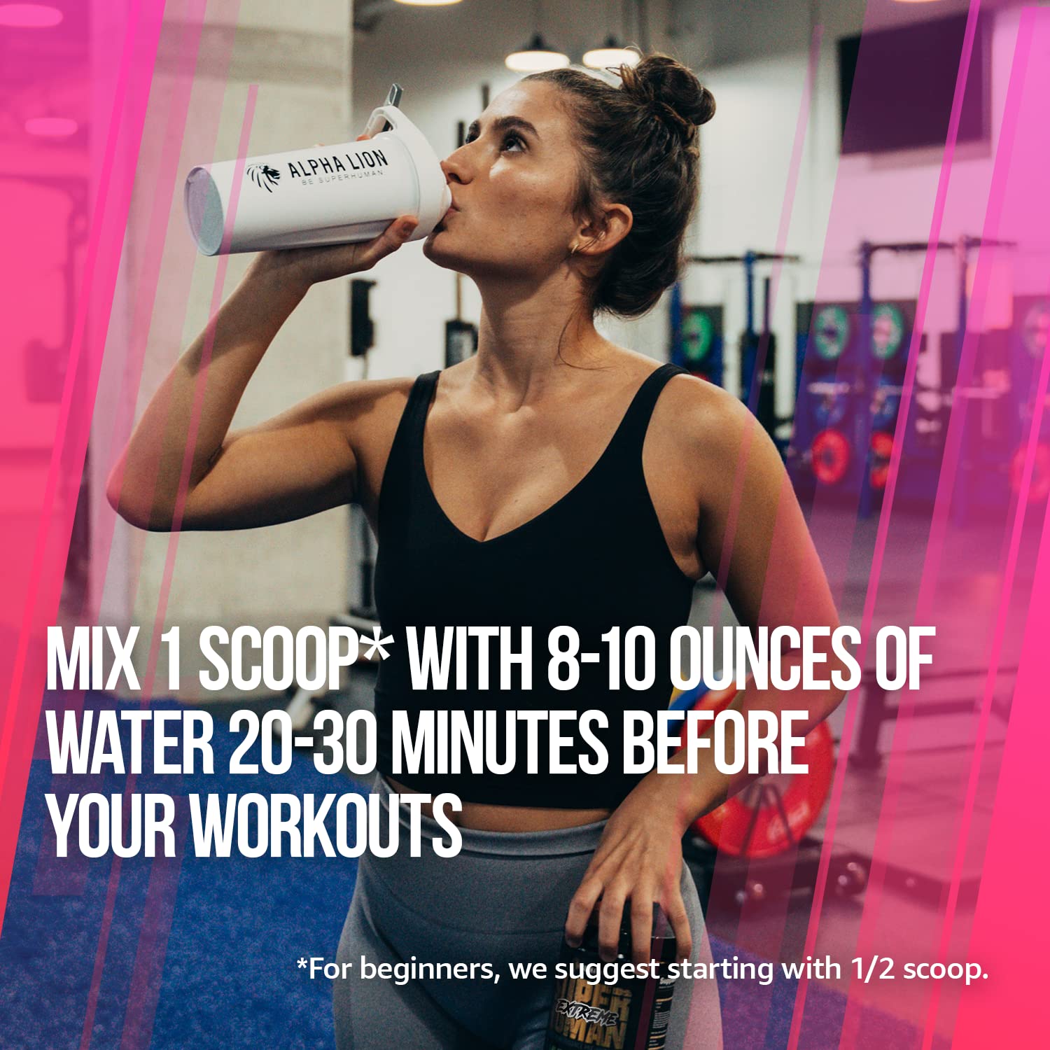 ALPHA LION measuring scoop with powder suggests precise dosing for workouts.
