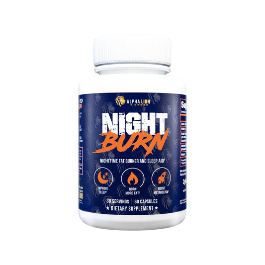ALPHA LION Night Burn bottle showing metabolism support and nighttime rest