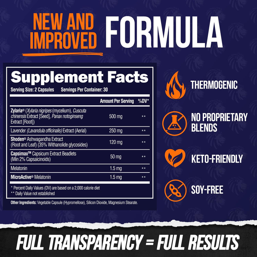 ALPHA LION Night Burn ingredients list highlighting metabolism and relaxation