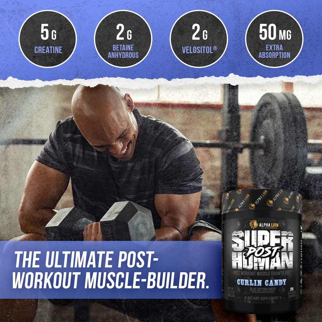 ALPHA LION Post-workout recovery powder being dispensed from scoop.