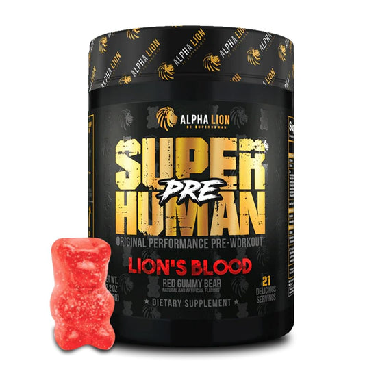 ALPHA LION pre-workout bottle with Lion's Blood flavor for sustained energy