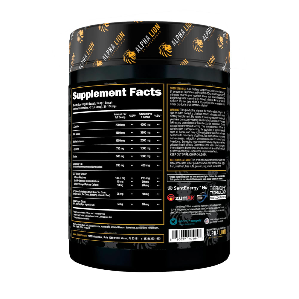 ALPHA LION pre-workout scoop in jar demonstrates convenient serving for quick mixes