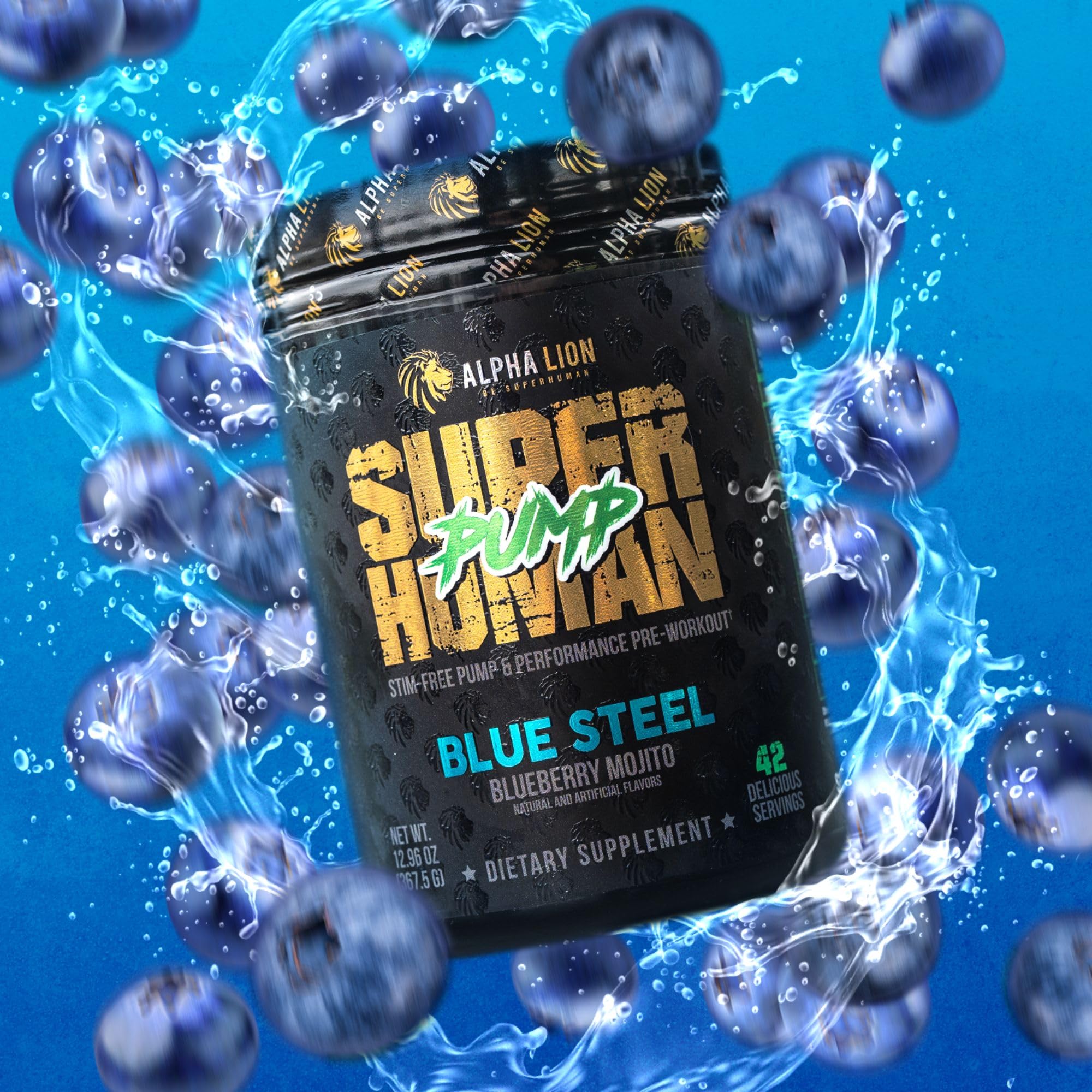 Glass of water with ALPHA LION Pump blue flavor blend.
