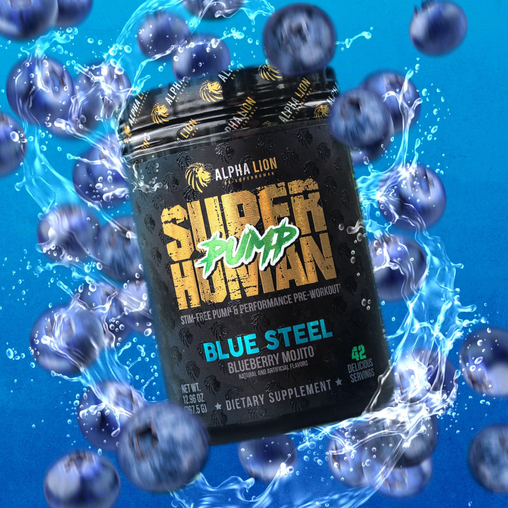 Glass of water with ALPHA LION Pump blue flavor blend.