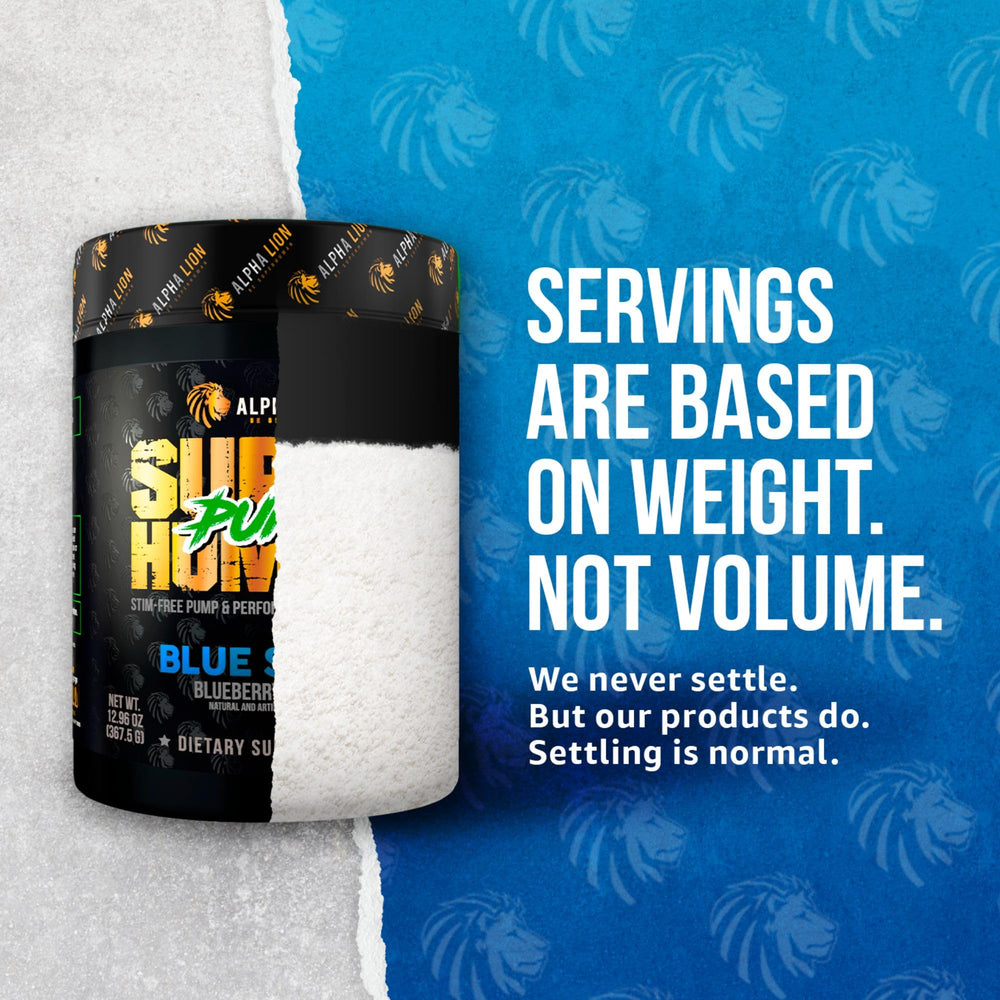 Close-up of ALPHA LION Pump label highlighting stimulant-free formula.
